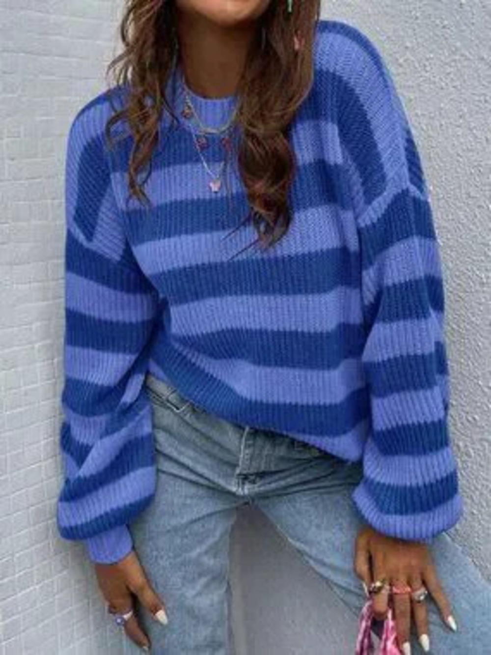 Blue Casual Women's Striped Drop Shoulder Sweater